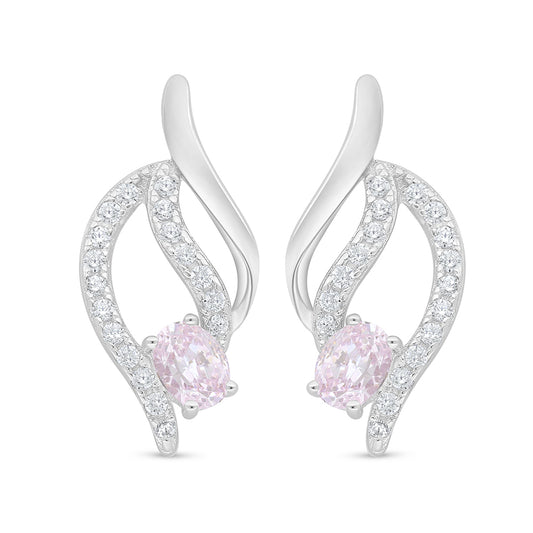 Sterling Silver 925 Earring Rhodium Plated Embedded With Pink Zircon And White Zircon