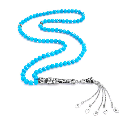 سبحة 100 احجار فيروز الهاولايت بيلية 6 مل طقم ستانلس ستيل عيار 316L مطلى فضي واسود