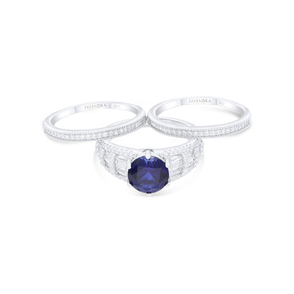 Sterling Silver 925 Ring (3pcs) Rhodium Plated Embedded With Sapphire Corundum And White Zircon