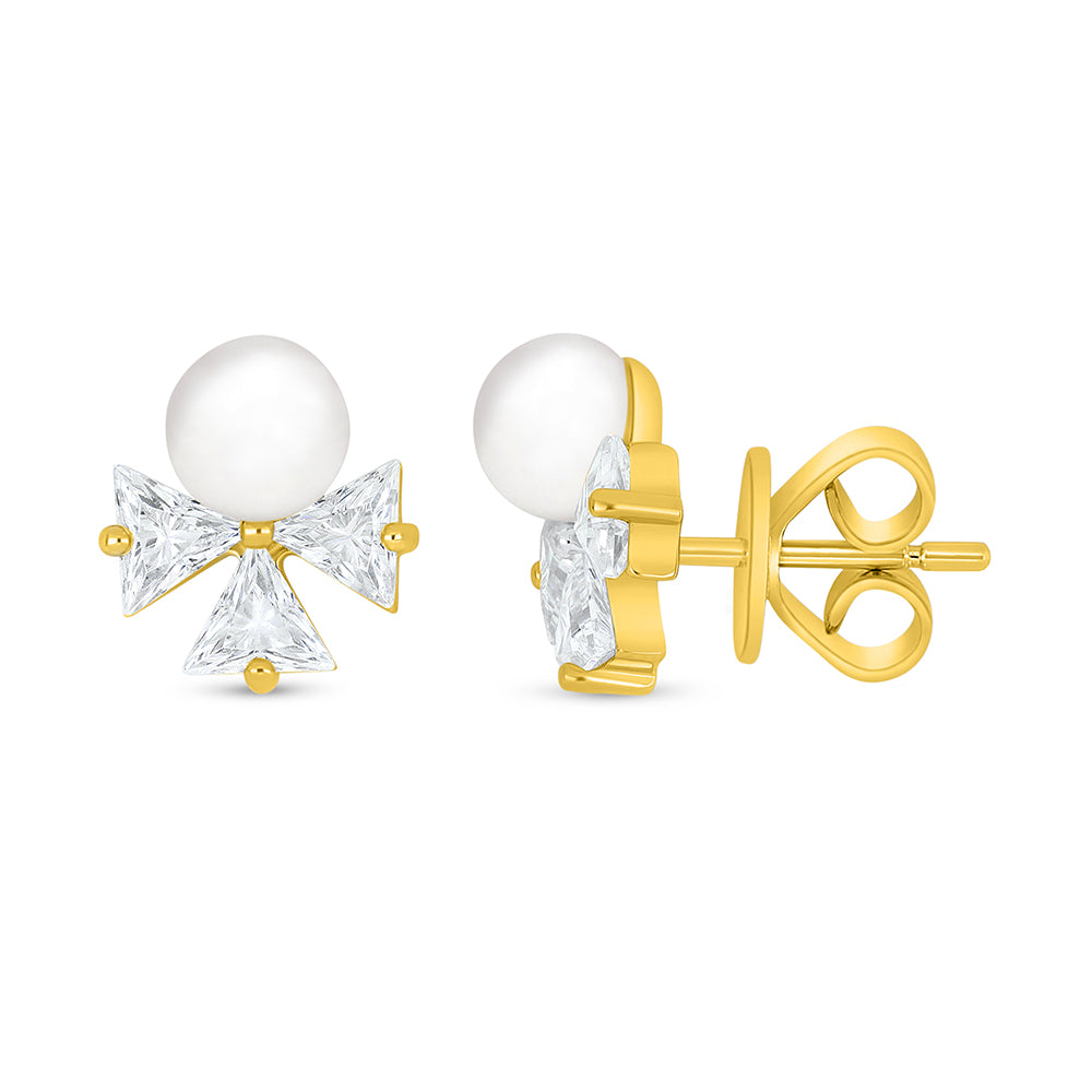 Sterling Silver 925 Earring Golden Plated Embedded With Natural White Pearl And White Zircon