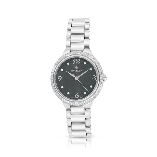 Stainless Steel 316L Watch Silver Color With White Zircon - black MOP dial