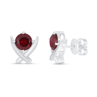 Sterling Silver 925 Earring Rhodium Plated Embedded With Ruby Corundum And White Zircon