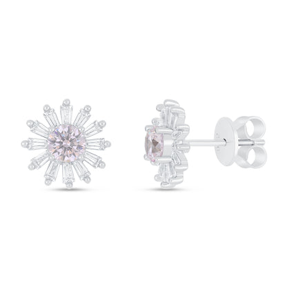 Sterling Silver 925 Earring Rhodium Plated Embedded With Pink Zircon And White Zircon