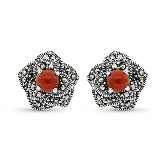 Sterling Silver 925 Earring Embedded With Natural Aqiq And Marcasite Stones