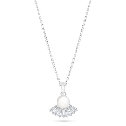 Sterling Silver 925 Necklace Rhodium Plated Embedded With Natural White Pearl And White Zircon