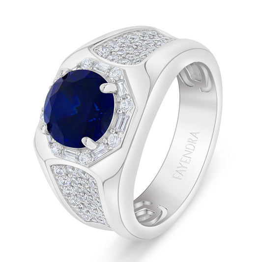 Sterling Silver 925 Ring Rhodium Plated Embedded With Sapphire Corundum And White Zircon For Men