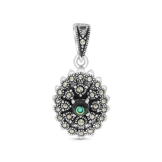 Sterling Silver 925 Pendant Embedded With Natural Blue Shell And Marcasite Stones