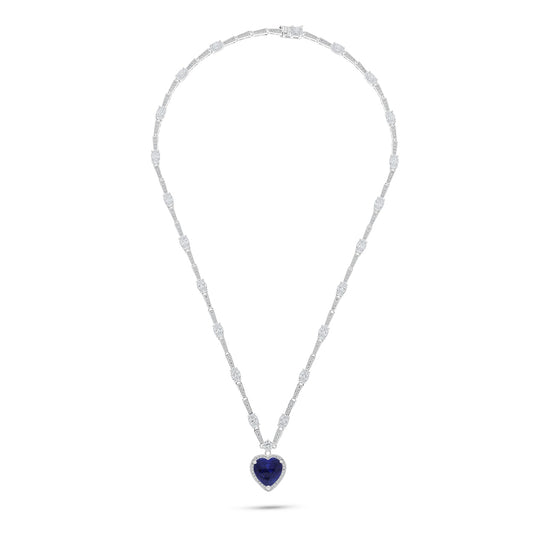 Sterling Silver 925 Necklace Rhodium Plated Embedded With Sapphire Corundum And White Zircon