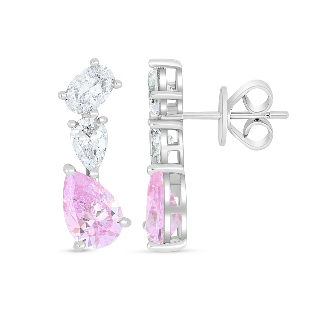 Sterling Silver 925 Earring Rhodium Plated Embedded With Pink Zircon And White Zircon