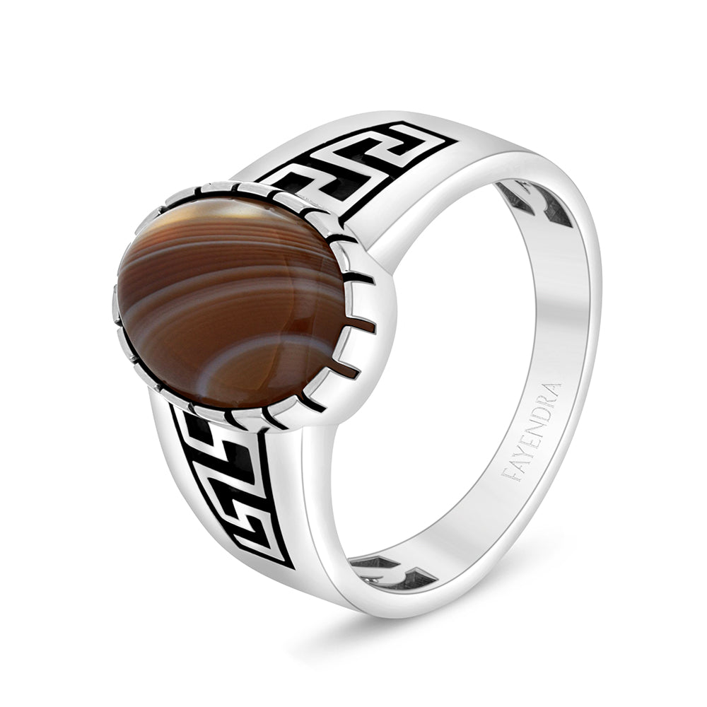 Sterling Silver 925 Ring Rhodium And Black Plated Embedded With Cabochon Botswana Agate For Men