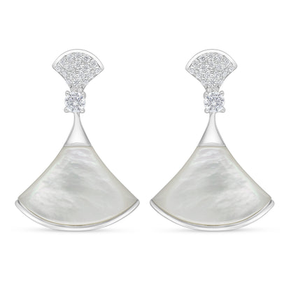 Sterling Silver 925 Earring Rhodium Plated Embedded With White Shell And White Zircon
