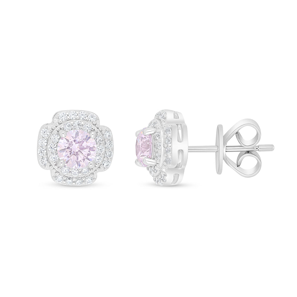 Sterling Silver 925 Earring Rhodium Plated Embedded With Pink Zircon And White Zircon