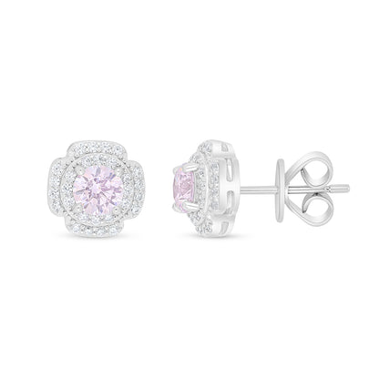 Sterling Silver 925 Earring Rhodium Plated Embedded With Pink Zircon And White Zircon