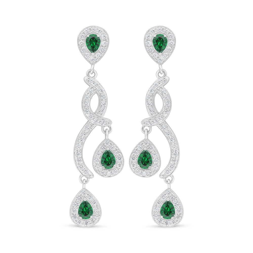Sterling Silver 925 Earring Rhodium Plated Embedded With Emerald Zircon And White Zircon
