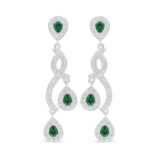 Sterling Silver 925 Earring Rhodium Plated Embedded With Emerald Zircon And White Zircon
