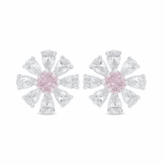Sterling Silver 925 Earring Rhodium Plated Embedded With Pink Zircon And White Zircon