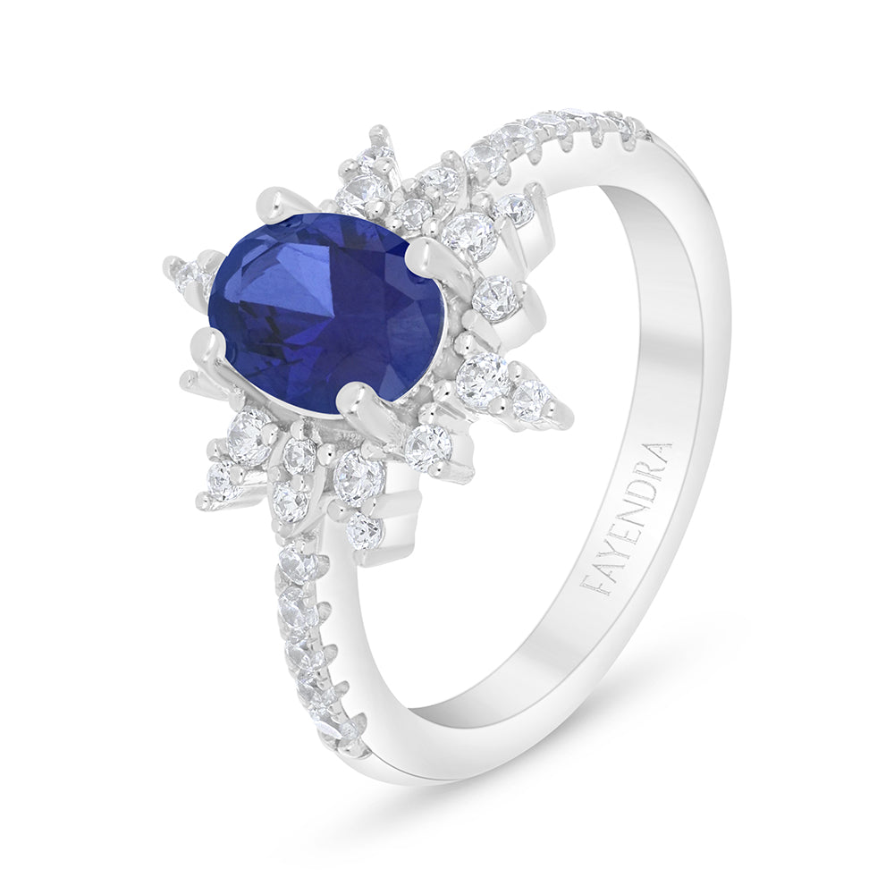 خاتم من الفضة الخالصة عيار 925 مطلي روديوم مرصع زفير كروندوم و فص ابيض