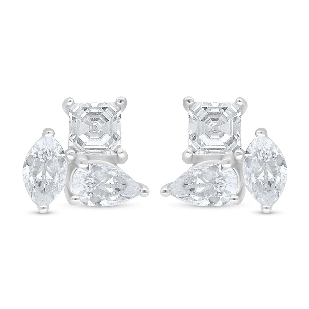 Sterling Silver 925 Earring Rhodium Plated Embedded With White Zircon