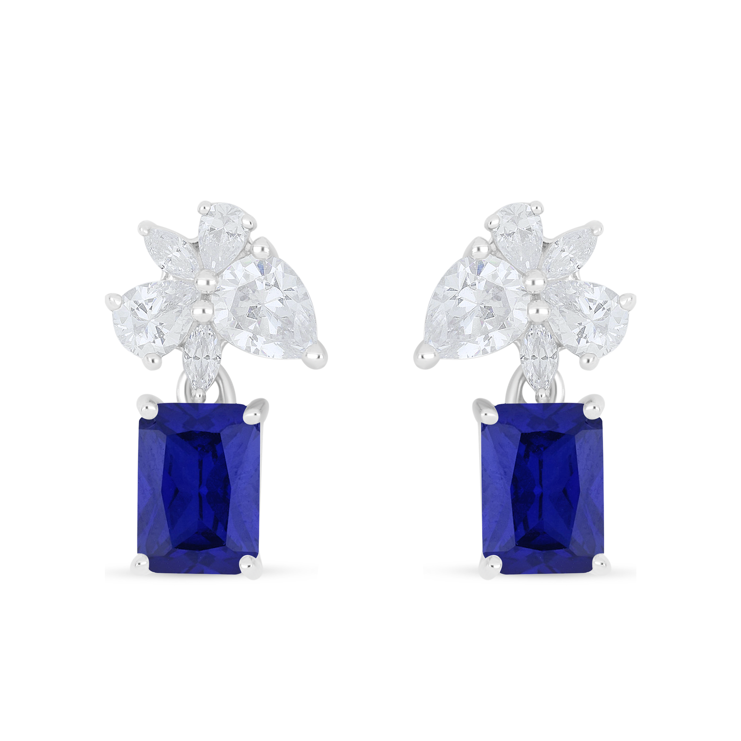 Sterling Silver 925 Earring Rhodium Plated Embedded With Sapphire Corundum And White Zircon