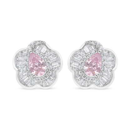 Sterling Silver 925 Earring Rhodium Plated Embedded With Pink Zircon And White Zircon