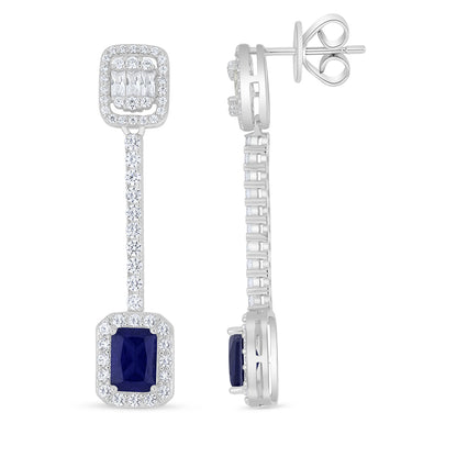 Sterling Silver 925 Earring Rhodium Plated Embedded With Sapphire Corundum And White Zircon