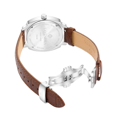 ساعة رجالي ستانلس ستيل عيار  L316 بلون فضي جلد بني - مينا معدنية باللون البني