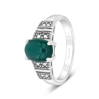 Sterling Silver 925 Ring Embedded With Natural Green Agate And Marcasite Stones