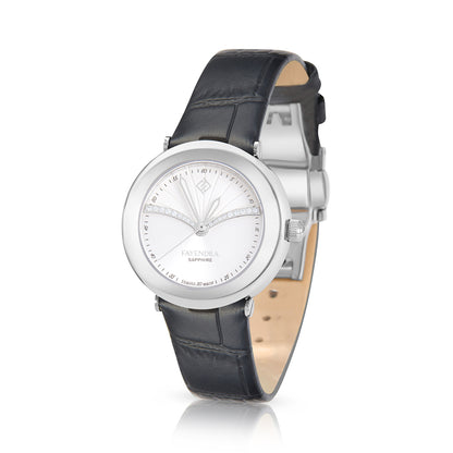 ساعة ستانلس ستيل عيار L316 بلون فضي جلد اسود و فص ابيض - مينا معدنية باللون الفضي