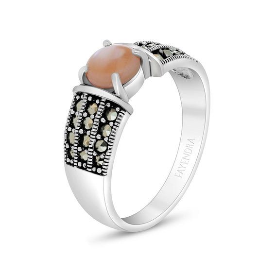 Sterling Silver 925 Ring Embedded With Natural Pink Shell And Marcasite Stones