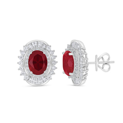 Sterling Silver 925 Earring Rhodium Plated Embedded With Ruby Corundum And White Zircon