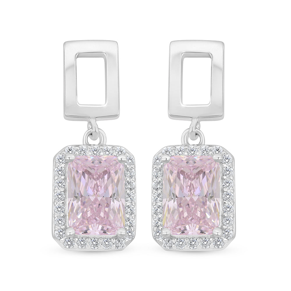 Sterling Silver 925 Earring Rhodium Plated Embedded With Pink Zircon And White Zircon
