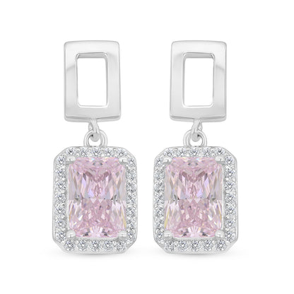Sterling Silver 925 Earring Rhodium Plated Embedded With Pink Zircon And White Zircon