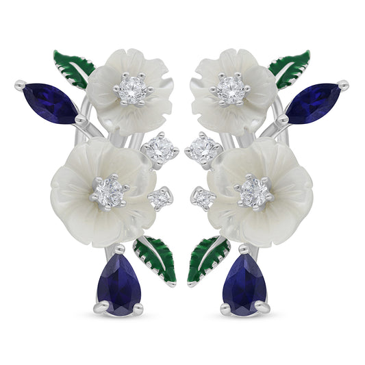 Sterling Silver 925 Earring Rhodium Plated Embedded With White Shell And Sapphire Corundum And White Zircon