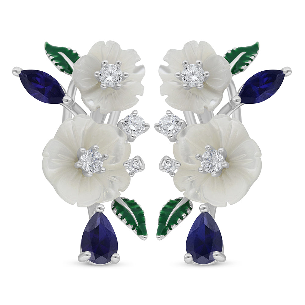 Sterling Silver 925 Earring Rhodium Plated Embedded With White Shell And Sapphire Corundum And White Zircon