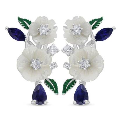 Sterling Silver 925 Earring Rhodium Plated Embedded With White Shell And Sapphire Corundum And White Zircon