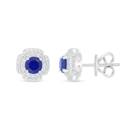 Sterling Silver 925 Earring Rhodium Plated Embedded With Sapphire Corundum And White Zircon