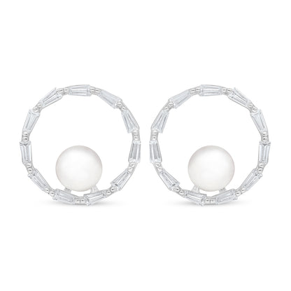 Sterling Silver 925 Earring Rhodium Plated Embedded With Natural White Pearl And White Shell And White Zircon