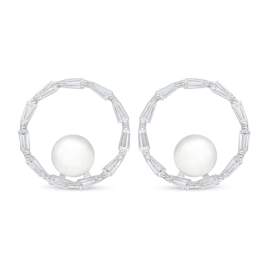 Sterling Silver 925 Earring Rhodium Plated Embedded With Natural White Pearl And White Shell And White Zircon