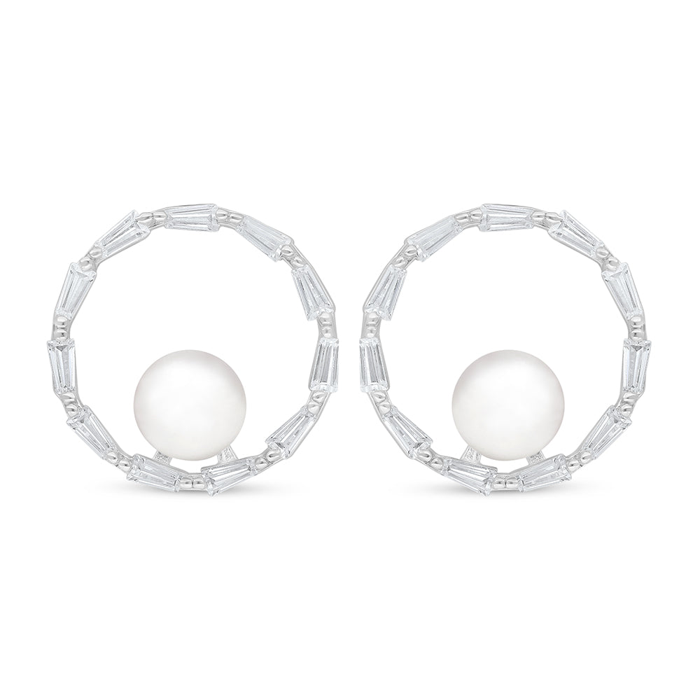 Sterling Silver 925 Earring Rhodium Plated Embedded With Natural White Pearl And White Shell And White Zircon