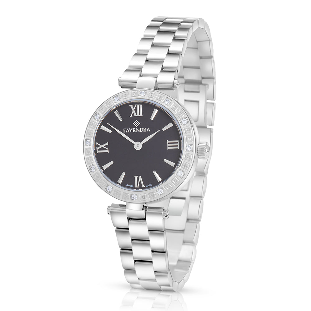 Stainless Steel 316L Watch Silver Color And White Zircon - BLACK MOP DIAL