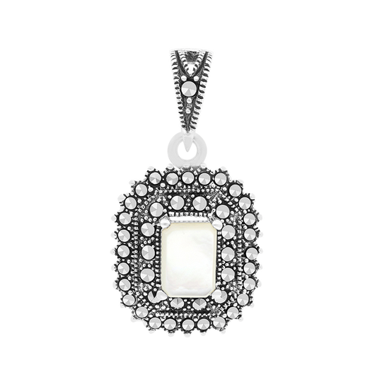 Sterling Silver 925 Pendant Embedded With Natural White Shell And Marcasite Stones