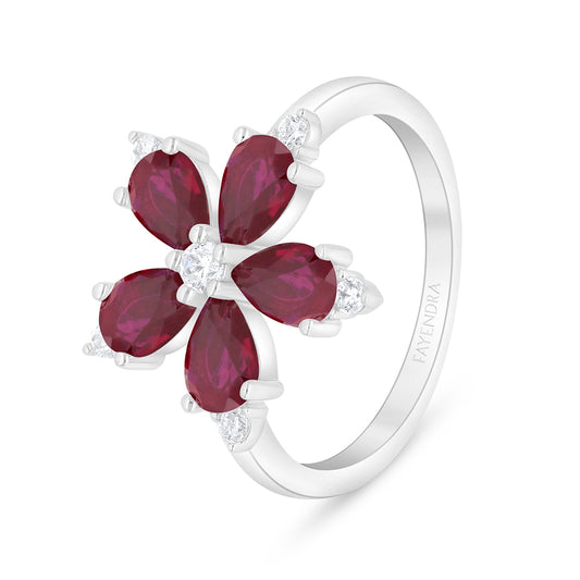 Sterling Silver 925 Ring Rhodium Plated Embedded With Ruby Corundum And White Zircon
