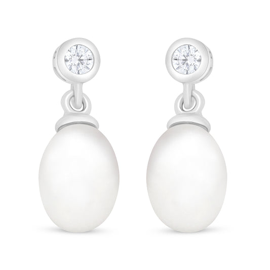Sterling Silver 925 Earring Rhodium Plated Embedded With Natural White Pearl And White Zircon