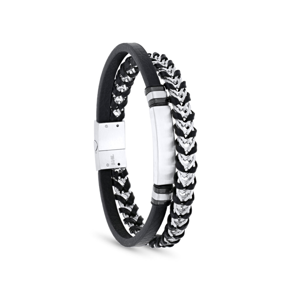 Stainless Steel Bracelet, Silver Color Embedded With Black leather 316L For Men