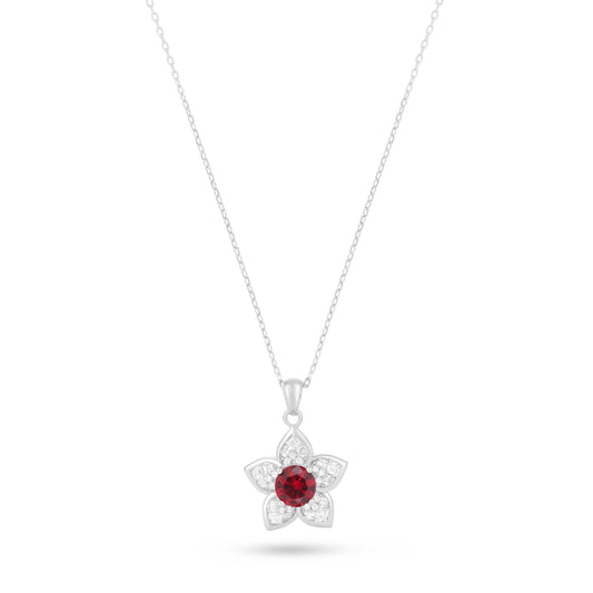 Sterling Silver 925 Necklace Rhodium Plated Embedded With Ruby Corundum And White Zircon