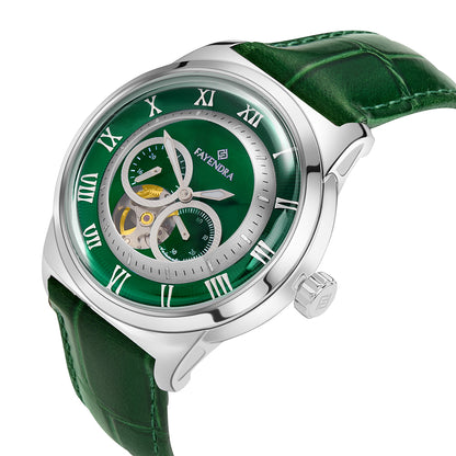 Stainless Steel 316L Watch Silver ColorGreen Leather For Men - GREEN MOP DIAL