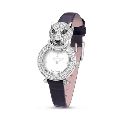 Stainless Steel 316L Watch Silver Color Black Leather Embedded With Emerald Zircon And White Zircon - WHITE MOP DIAL