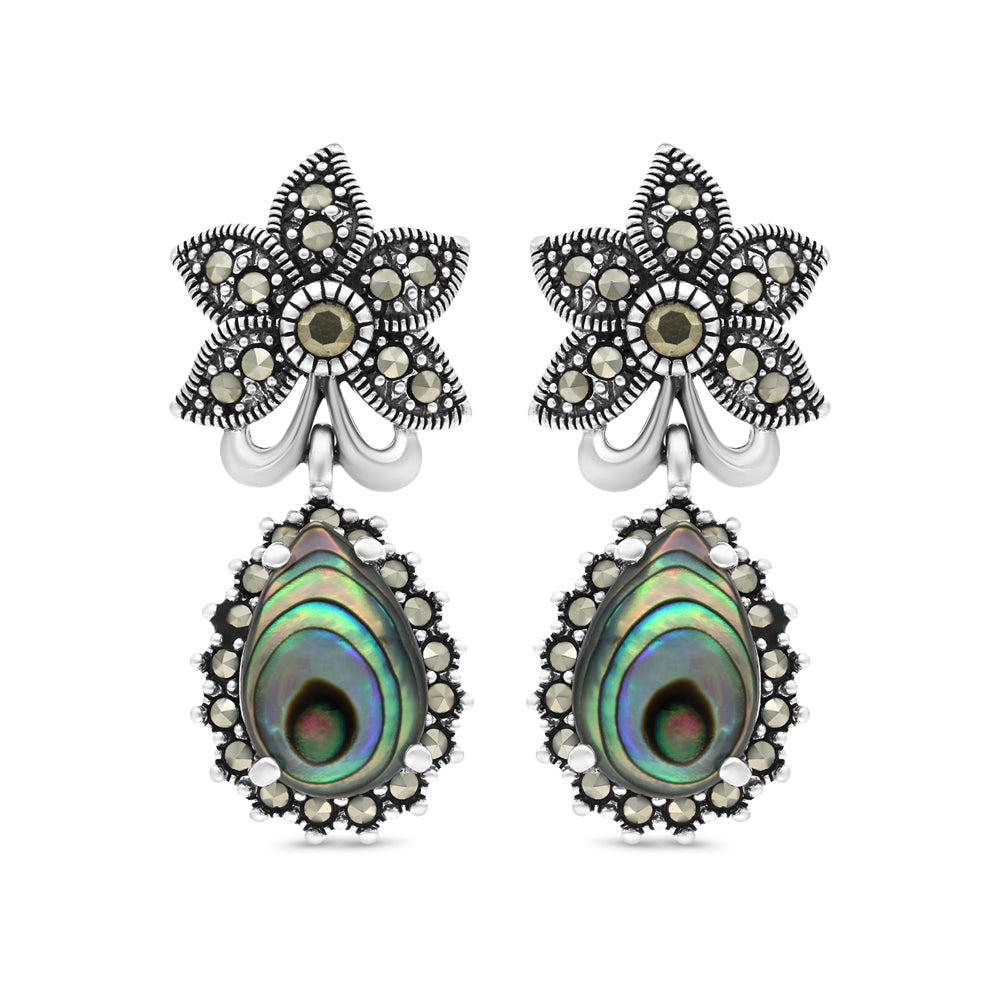 Sterling Silver 925 Earring Embedded With Natural Blue Shell And Marcasite Stones