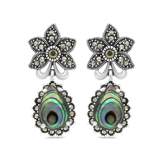 Sterling Silver 925 Earring Embedded With Natural Blue Shell And Marcasite Stones