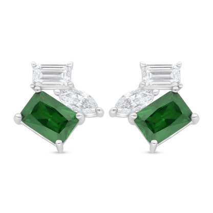 Sterling Silver 925 Earring Rhodium Plated Embedded With Emerald Zircon And White Zircon